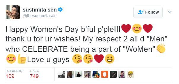 सुष्मिता सेन: सभी खूबसूरत लोगों को महिला दिवस की शुभकामनाएं. सभी की बधाई की आभारी हूं. उन पुरुषों का सम्मान करती हूं, जो महिलाओं के उत्सव समारोह का हिस्सा हैं. सभी को प्यार.