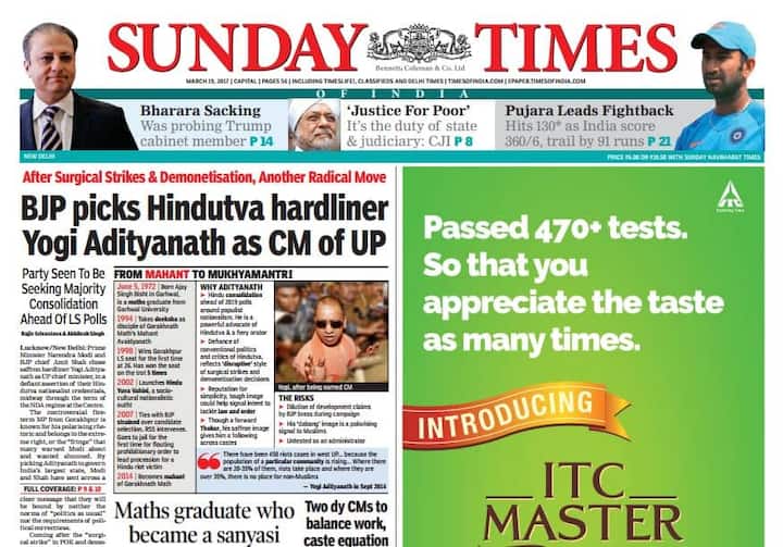 टाइम्स ऑफ इंडिया ने लिखा, ‘’बीजेपी ने हिंदुत्व कट्टरपंथी आदित्यनाथ को चुना यूपी का मुख्यमंत्री.’’