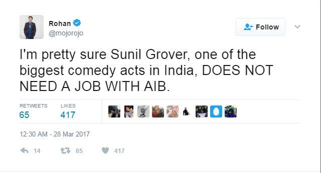 रोहन आगे लिखते हैं कि सुनील भारत के बड़े कॉमेडियन्स में से एक हैं. उन्हें एआईबी में काम करने की जरूरत नहीं है.