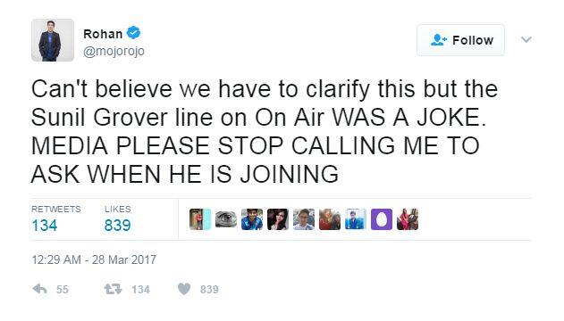 शो के होस्ट रोहन जोशी ने कहा है कि एआईबी में सुनील के शामिल होने की बात महज एक मजाक थी. वो एआईबी के साथ नहीं जु़ड़ रहे हैं और आप प्लीज इस बारे में पूछने के लिए फोन न करें.