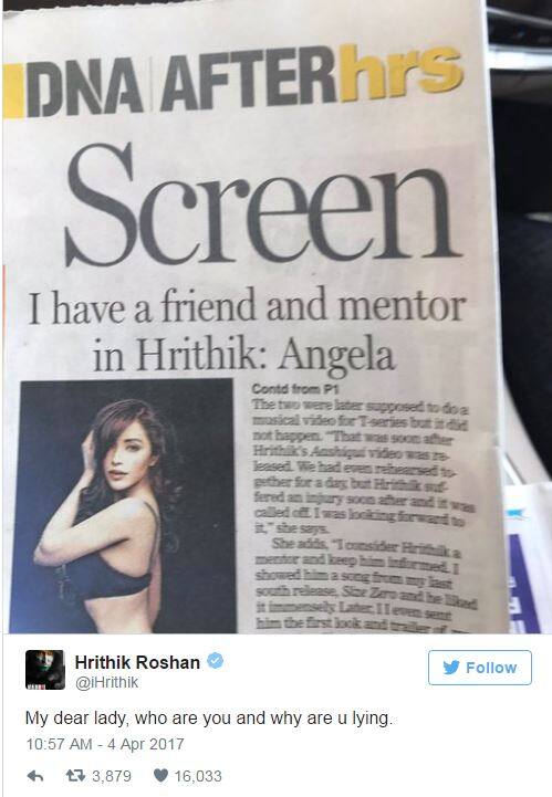 ये खबर मीडिया में आग की तरह फैल गई है और खुद ऋतिक रोशन को सामने आना पड़ा. इसके बाद इस खबर को ट्विटर पर शेयर करते हुए ऋतिक रोशन ने लिखा- ‘डीयर लेडी, तुम कौन हो और क्‍यों झूठ बोल रही हो.'
