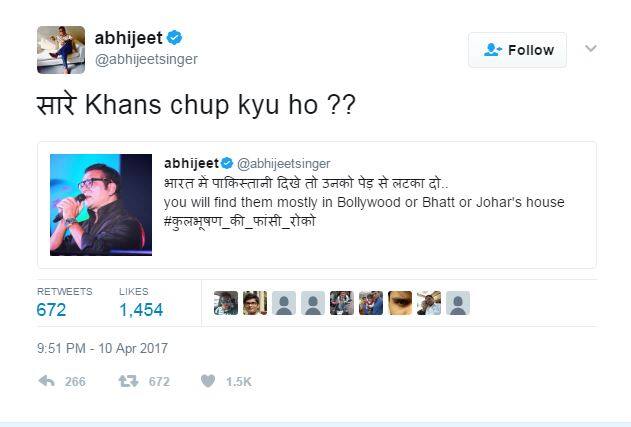 साथ ही उन्होंने बॉलीवुड के ‘खान स्टार्स’ को भी निशाने पर लिया है. अभिजीत ने ट्वीट कर कहा, ‘सारे Khans चुप क्यों हो?’