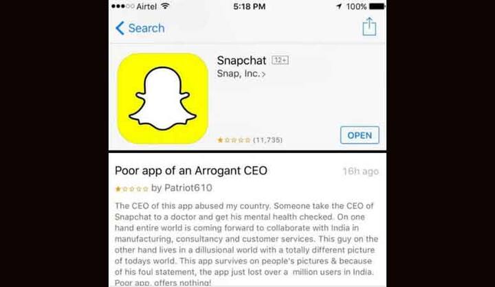 स्पीगेल के विवादित बयान के बाद से ही स्नैपचैट की रेटिंग में लगातार गिरावट आई और एक दिन में रेटिंग चार स्टार से घटकर एक स्टार तक गिर गई. इसके बाद से ही स्नैपचैट के सीईओ इवान को सोशल मीडिया पर लगातार ट्रोल भी किया गया.