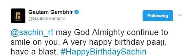 कोलकाता नाइट राइडर्स के कप्तान गौतम गंभीर ने लिखा,‘‘ ईश्वर की कृपा आप पर यूं ही बनी रहे. जन्मदिन मुबारक हो पाजी.’’