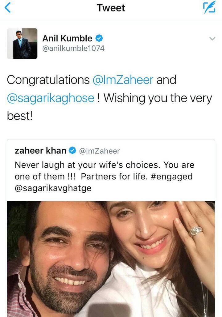 इस पोस्ट के बाद बधाईयों की बारिश शुरु हो गई. टीम इंडिया के कोच कुंबले ने जहीर खान और सागरिका को सगाई की बधाई दी. लेकिन असली गड़बड़ तब हो गई जब कुंबले ने बधाई देने के लिए सगरिक घाटगे को टैग करने की जगह अंग्रज़ी की जानी-मानी पत्रकार सागरिका घोष को टैग कर दिया.