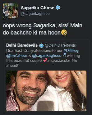 इसके बाद क्या था. सगरिका ने कुंबले को ट्रोल कर लिया और लिखा कि कुंबले ने ग़लत सागरिका को टैग किया है. जिस सागरिका को उन्होंने टैग किया है वे दो बच्चों की मां हैं. बताते चलें कि सागरिका घोष जाने-माने अंग्रेज़ी के पत्रकार राजदीप सरदेसाई की पत्नी हैं. 