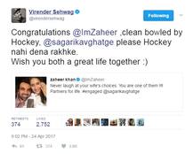  सहवाग, हरभजन और युवराज ने किए ज़हीर-सागरिका को बधाई संदेश वाले मज़ेदार ट्वीट्स