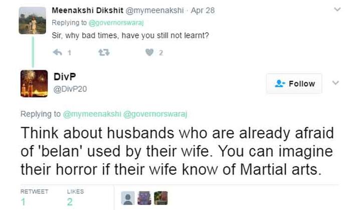 मीनाक्षी दीक्षित नाम के ट्विटर हैंडल से सुष्मा के पति गवर्नर स्वराज को लिखा गया कि 'सर बुरे दिन क्यों, क्या आपने अभी तक नहीं सीखा.'