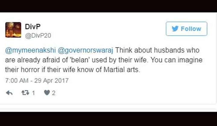 वहीं एक ट्विटर यूज़र ने लिखा कि उन पतियों के बारे में सोचें जिनको पत्नी द्वारा प्रयोग में लाने वाले 'बेलन' से डर लगता है. आप कल्पना कर सकते हैं कि अगर वो मार्शल आर्ट सीख जाएंगी तो ये कितना खतरनाक होगा.