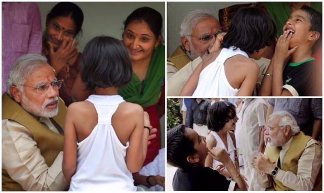 यह तस्वीर मई 2014 की है. जब नरेंद्र मोदी गुजरात के मुख्यमंत्री होने के साथ-साथ बीजेपी के प्रधानमंत्री पद के उम्मीदवार थे. इस दौरान वह बच्ची का कान पकड़कर कुछ इस अंदाज में उसे दुलारते दिखे थे.