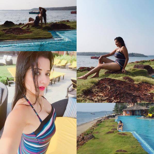  स्विमसूट में भोजपुरी एक्ट्रेस अपनी अदाएं बिखेरती हुईं. 