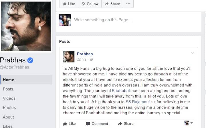 प्रभास ने एक फेसबुक पोस्ट के द्वारा फैंस को थैंक्स बोलते हुए लिखा, ‘आप लोगों ने जो मुझे इतना प्यार दिया है उसके लिए बहुत-बहुत धन्यवाद. सभी को समर्थन देने के लिए ढेर सारा प्यार. डायरेक्टर राजामौली सर को मुझपर भरोसा करने के लिए धन्यवाद.’