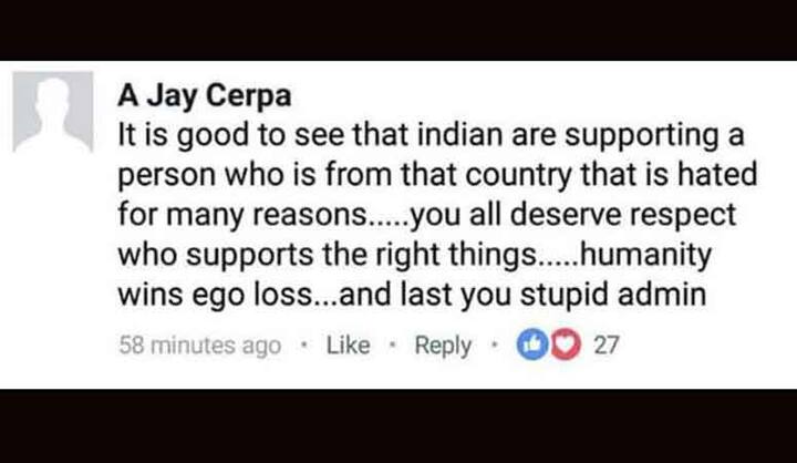 ए जे ने लिखा है कि ये देखना अच्छा लग रहा है कि भारतीय उस देश के खिलाड़ी का समर्थन कर रहे हैं जिस देश से कई वजहों से नफरत की जाती है. वे सब सम्मान के हकदार हैं जो सही बात का समर्थन करते हैं. इंसानियत की जीत हुई है और अहंकार की हार.