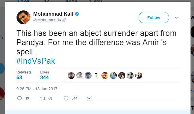 इससे पहले भी कैफ ने एक ट्वीट किया उसमे उन्होंने कहा, 'पांड्या को छोड़ बाकी सभी बल्लेबाज़ों ने बुरी तरह से सरेंडर कर दिया, मेरे लिए आमिर स्पेल मैच में सबसे बड़ा अंतर रहा.'