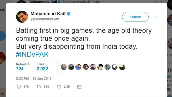 इससे पहले मैच के बीच में भी कैफ ने ट्वीट कर कहा, 'बड़े मुकाबले में पहले बल्लेबाज़ी करने वाली पुरानी थ्योरी एक बार फिर सही साबित हुई.'