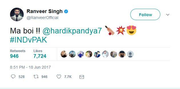 भले ही भारतीय टीम के हारने से रणवीर निराश हों, लेकिन वो हार्दिक पांड्य़ा के प्रदर्शन से खुश भी नज़र आए. 