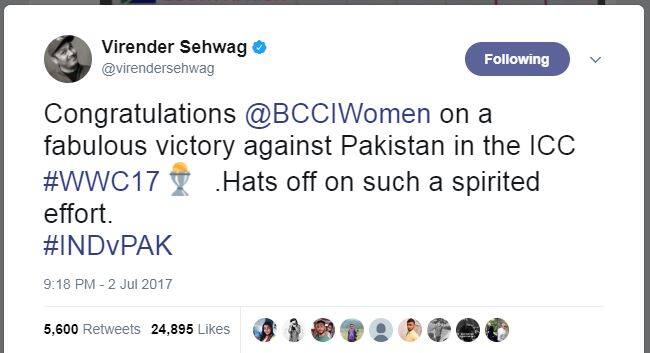 सहवाग ने ट्वीट कर कहा, 'महिला क्रिकेट टीम को पाकिस्तान के खिलाफ शानदार जीत के लिए बहुत-बहुत बधाई...सच में जोश भर देने वाला प्रयास.'