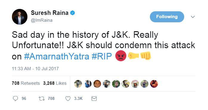 बेहद गुस्से भरे ट्वीट में क्रिकेटर सुरेश रैना लिखते हैं कि जम्मु-कश्मीर के इतिहास में ये बेहद दुखद दिन है. बेहद दुखद. वे आगे लिखते हैं कि जम्मु-कश्मीर के लोगों को इसकी आलोचना करनी चाहिए. 