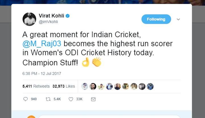 कोहली ने फेसबुक पर लिखा, “भारतीय क्रिकेट का एक गौरवशाली क्षण, आज मिताली राज महिला वनडे क्रिकेट इतिहास में सबसे ज्यादा रन बनाने वाली बल्लेबाज बन गईं चैंपियन स्टफ!” कोहली ने भारतीय महिला कप्तान को फेसबुक के अलावा ट्विटर पर भी बधाई दी.
