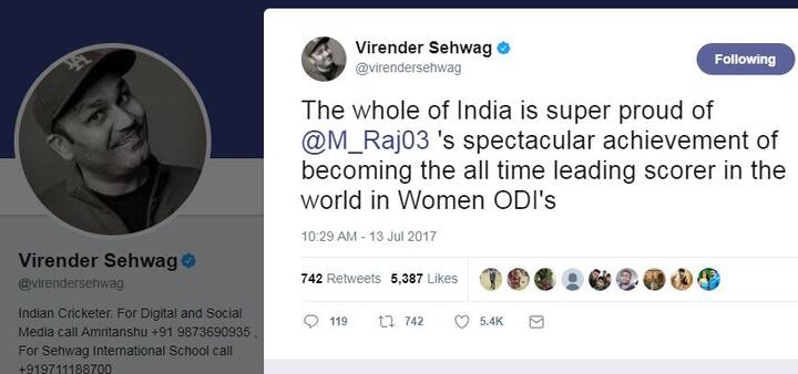 सहवाग ने सोशल मीडिया पर लिखा, “महिला वनडे क्रिकेट में सबसे ज्यादा रन बनाने वाली बल्लेबाज़ बनने पर पूरे देश को तुम पर बहुत ज्यादा गर्व है मिताली राज.”