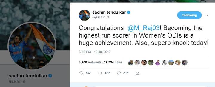 सचिन ने लिखा, “महिला वनडे में इस बड़ी उपलब्धि को हासिल करने के लिए बधाई. साथ ही आज भी तुमने शानदार पारी खेली.”