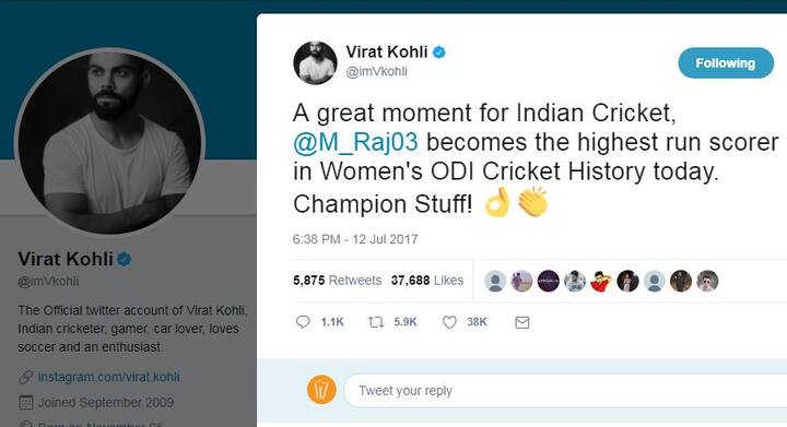 विराट ने बधाई संदेश में लिखा, “भारतीय क्रिकेट का एक गौरवशाली क्षण, आज मिताली राज महिला वनडे क्रिकेट इतिहास में सबसे ज्यादा रन बनाने वाली बल्लेबाज बन गईं चैंपियन स्टफ!”