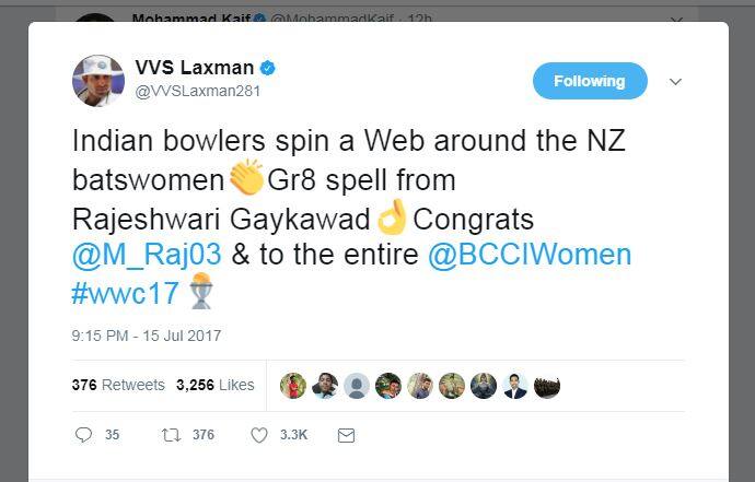 वीवीएस लक्ष्मण: भारतीय स्पिनर्स ने किवी बल्लेबाज़ों को जाल बुनाकर फंसाया. मिताली राज और पूरी टीम को बहुत-बहुत बधाई.