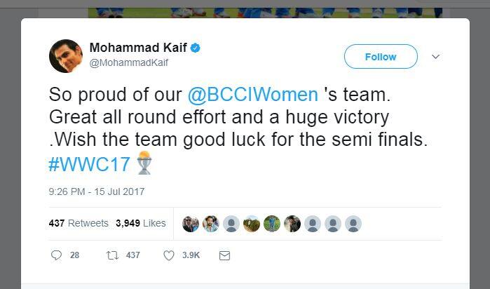 मोहम्मद कैफ: हमें तुम्हें पर गर्व है महिला टीम इंडिया...पूरी टीम के प्रयास से शानदार जीत..टीम को सेमीफाइनल के लिए बहुत-बहुत बधाई! 