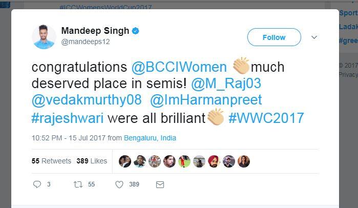 मंदीप सिंह: बहुत-बहुत बधाई महिला क्रिकेट टीम...तुम सेमीफाइनल में पहुंचना डिज़र्व करते थे...मिताली, वेदा, हरमनप्रीत, राजेश्ववरी...सभी शानदार!