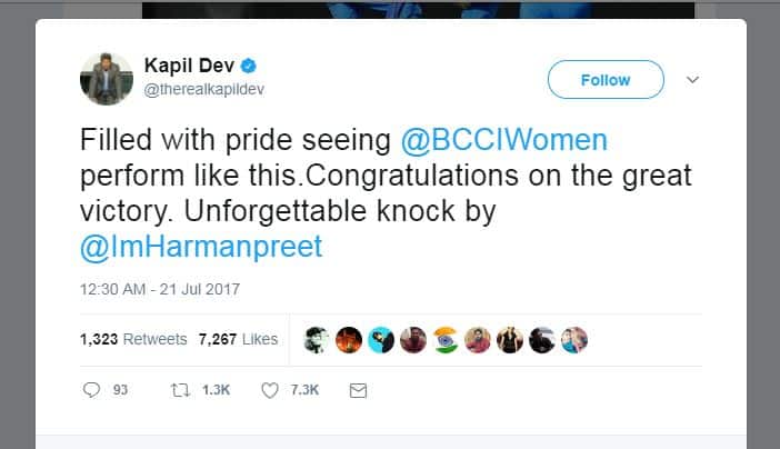 कपिल देव: महिला टीम का ये प्रदर्शन देख गर्व से भर गया हूं, हरमनप्रीत की शानदार पारी.