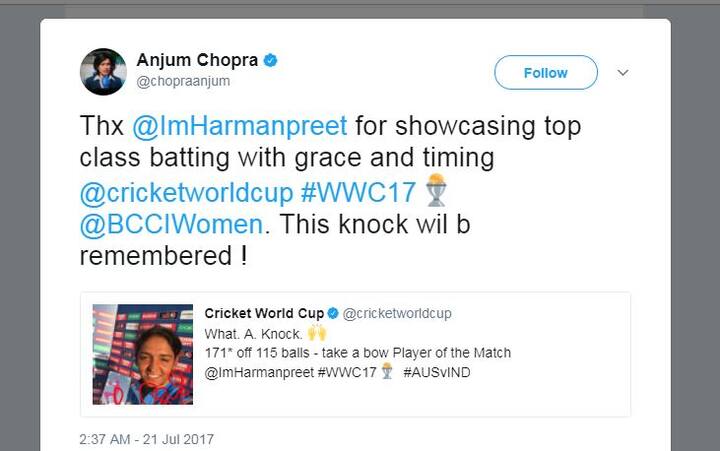 अंजुम चोपड़ा: इस शानदार पारी के लिए बहुत-बहुत शुक्रिया हरमनप्रीत