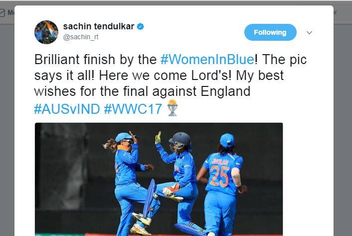सचिन तेंदुलकर: वुमेन इन ब्लू की शानदार जीत..ये तस्वीर सबकुछ बयां कर रही है...लॉर्ड्स हम आ रहे हैं...फाइनल के लिए टीम को मेरी बधाई.