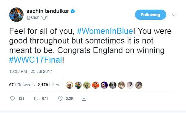 मास्टर ब्लास्टर सचिन तेंदुलकर ने ट्वीट कर कहा, ''टीम इंडिया आपके हार से मैं दुखी हूं लेकिन आपने बेहतरीन प्रर्दशन किया. कुछ चीजे हमारे लिए समय पर नहीं बने हुए होते हैं. इंग्लैंड को वर्ल्ड चैंपियन बनने पर बधाई.''