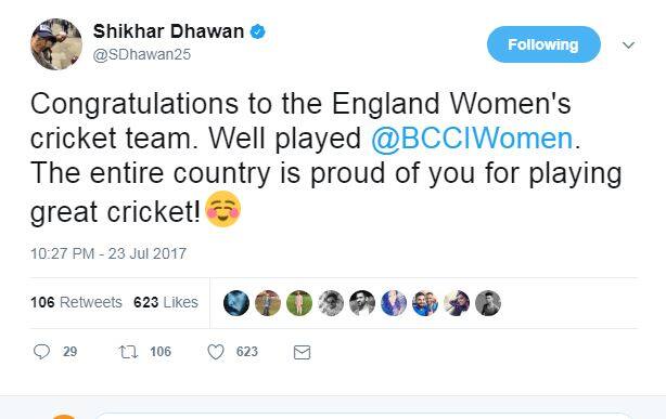 टीम इंडिया के ओपनर बल्लेबाज शिखर धवन ने ट्वीट कर कहा, ''विश्व चैंपियन बनने के लिए इंग्लैंड की टीम को बधाई, भारतीय टीम आपने बहुत अच्छा खेला आप पर पूरे देश को गर्व है.''