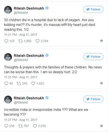 रितेश देशमुख, नेहा धूपिया सहित कई सितारों ने जताया गोरखपुर ट्रेजडी पर दुख, जानें किसने क्या कहा