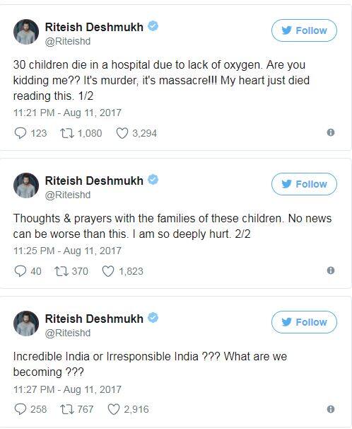 अभिनेता रितेश देशमुख ने ट्विटर पर लिखा- ऑक्सीजन की कमी से बच्चों की मौत हो गई है. ये हत्या है, ये नरसंहार है. ये देखकर मेरा दिल बैठा जा रहा है. इन बच्चों के परिवार वालों के लिए मैं भगवान से प्रार्थना कर रहा हूं. इससे बुरी कोई खबर नहीं हो सकती.