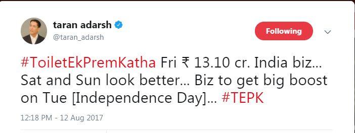 मार्केट एनालिस्ट तरन आदर्श ने ट्वीट करके बताया है शनिवार को इस फिल्म ने 17.10 करोड़ की कमाई की, जबकि इसके पहले दिन की कमाई 13.10 करोड़ थी. अगर इस फिल्म के दोनों दिन के कलेक्शन को मिला दिया जाए तो यह 30.20 करोड़ होता है.