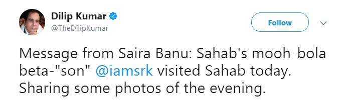 इन्हें शेयर करते हुए दिलीप कुमार की पत्नी सायरा बानों ने लिखा है- दिलीप साहब के मुंह बोले बेटे शाहरूख खान उनसे मिलने आए जिसकी कुछ तस्वीरें मैं शेयर कर रही हूं.