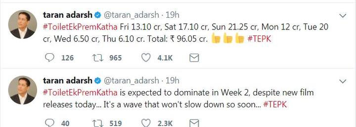 मार्केट एनालिस्ट तरन आदर्श ने ट्वीट करके कमाई की जानकारी दी है. शुक्रवार को फिल्म ने 13.10 करोड़, शनिवार को 17.10 करोड़, रविवार को 21.25 करोड़, सोमवार को 12 करोड़, मंगलवार को 20 करोड़, बुधवार को 6.50 करोड़ और गुरूवार को 6.10 करोड़ रुपए की कमाई है. कुल मिलाकर फिल्म ने 7 दिनों में ही 96.05 करोड़ रूपये कमा लिए हैं.