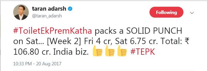 मार्केट एनालिस्ट तरन आदर्श ने ट्वीट करके कमाई की जानकारी दी है. शुक्रवार को फिल्म ने 13.10 करोड़, शनिवार को 17.10 करोड़, रविवार को 21.25 करोड़, सोमवार को 12 करोड़, मंगलवार को 20 करोड़, बुधवार को 6.50 करोड़, गुरूवार को 6.10 करोड़, शुक्रवार को चार करोड़ और शनिवार को 6.75 करोड़ रुपए की कमाई है. कुल मिलाकर फिल्म ने 10 दिनों में 106.85 करोड़ की कमाई कर ली है.