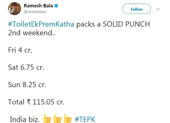 इस फिल्म ने 11 दिनों की कमाई के मामले में घरेलू बॉक्स ऑफिस पर 115 करोड़ का आंकड़ा पार कर लिया है. इस फिल्म ने दूसरे हफ्ते रविवार को 8.25 करोड़ की कमाई की है.