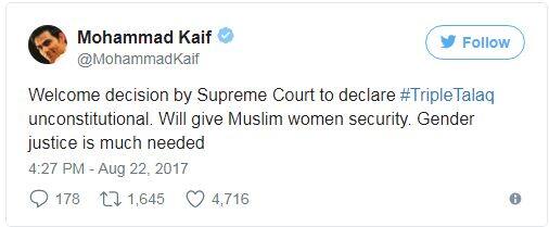 कैफ ने ट्विटर पर लिखा, “मैं सुप्रीम कोर्ट के तीन तलाक को असंवैधानिक ठहराने के फैसले का स्वागत करता हूं. मुस्लिम महिलाओं को सुरक्षा मिलेगी, जेंडर जस्टिस की बहुत जरूरत है.” उनके ट्वीट पर जैसे जवाब आए उससे तो यही लगता है कि कई लोगों को उनकी ये बात शायद पसंद नहीं आई. उन्हें इसके लिए भी ट्रोल किया गया. हम आपको ऐसे ही चंद ट्रोल ट्वीट्स दिखा रहे हैं जो उनके खिलाफ किए गए. 