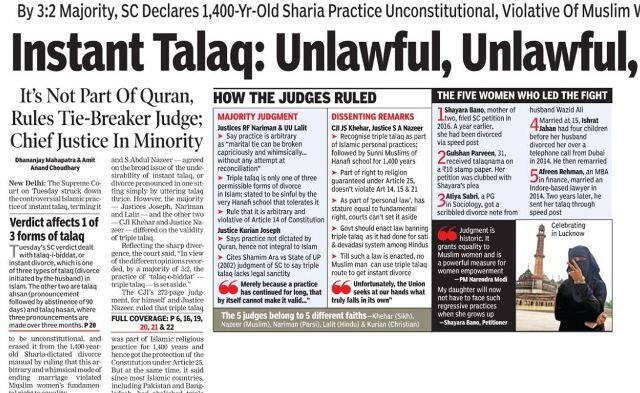 द टाइम्स आफ इंडिया ने लिखा है कि तीन तलाक को लेकर लिखा है गैरसंवैधानिक, गैरसंवैधानिक, गैरसंवैधानिक. 