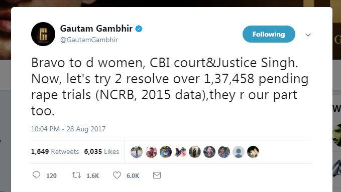 इस पूरे मामले पर टीम इंडिया के बल्लेबाज़ गौतम गंभीर ने ट्वीट कर कहा, 'इस अपराध को उजागर करने वाली पीढ़ित महिला, सीबीआई अदालत और जस्टिस सिंह को सलाम.'