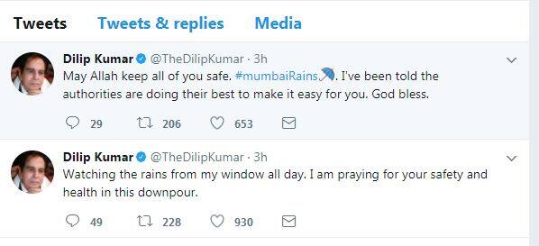बीते दिनों के मशहूर अभिनेता दिलीप कुमार ने बाढ़ से प्रभावित लोगों की सुरक्षा तथा उत्तम स्वास्थ्य की कामना की. अभिनेता ने ट्विटर पर लिखा, ‘‘पूरे दिन अपनी खिड़की से बारिश देखता रहा. मैं इस बारिश में आपकी सुरक्षा तथा अच्छे स्वास्थ्य की कामना करता हूं.’’