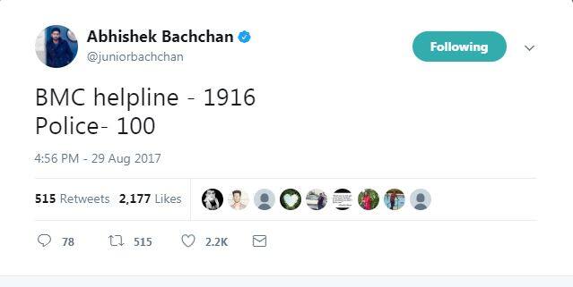 अभिषेक बच्चन ने चुटीले अंदाज में बारिश को लेकर ट्वीट किया है. वे लिखते हैं कि हैप्पी नेशनल स्पोर्टस डे, स्वीमिंग आज का स्पोर्ट्स है. उन्होंने एक और ट्वीट में हेल्पलाइन नंबर भी शेयर किया है.