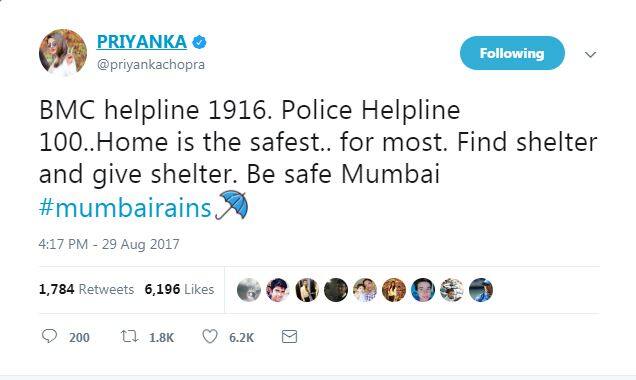 अभिनेत्री प्रियंका चोपड़ा ने अपने ट्वीट को एक हेल्पलाइन के अंदाज में पेश किया है. उन्होंने बीएमसी का हेल्पलाइन नंबर 1916, पुलिस हेल्पलाइन नंबर 100 के साथ लिखा है इस समय घर सबसे सुरक्षित है. उन्होंने लोगों से अपिल की है कि सुरक्षित स्थानों पर जाएं और दूसरों को भी पहुंचाएं.
