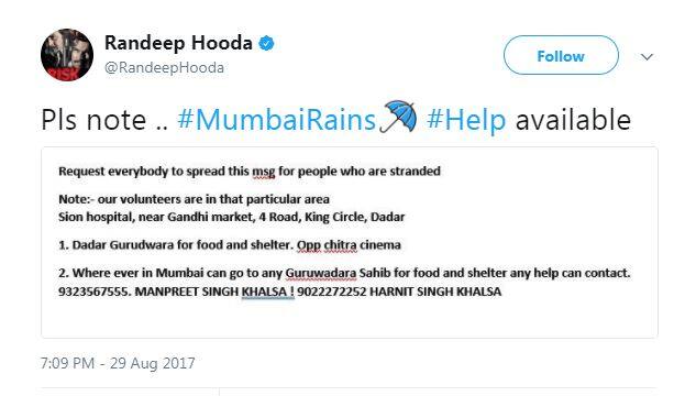 अभिनेता रणदीप हुड्डा ने लोगों को खाने की मदद पहुंचाने के लिए ट्वीट किया. अपने ट्वीट में उन्होंने दादर गुरुद्वारा में खाने और रहने की व्यवस्था के बारे में बताया है. साथ ही रणदीप ने ऐसे लोगों के नंबर भी पोस्ट किए हैं जो कि एक कॉल पर शहर के किसी भी गुरुद्वारे में पहुंचकर लोगों को खाने और रहने की व्यवस्था करवाने का काम कर रहे हैं.