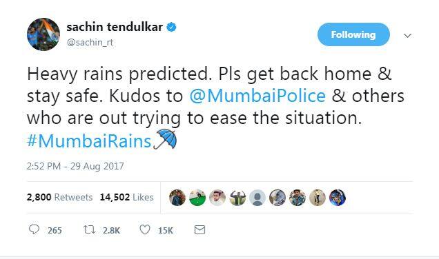 पूर्व क्रिकेटर सचिन तेंदुलकर ने ट्वीट कर मुंबई पुलिस और दूसरे रेस्क्यू करने वाले लोगों की तारीफ की है. उन्होंने लिखा है कि तेज बारिश की भविष्यवाणी हो रही है. ऐसे में सभी लोग घर लौटें और सुरक्षित रहें.