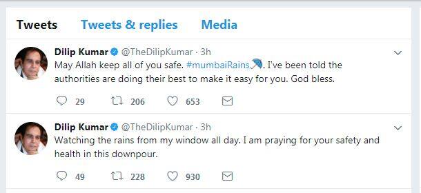 मुंबई में भारी बारिश पर दिलीप कुमार ने ट्वीट कर कहा- खुदा सबका ख्याल रखे